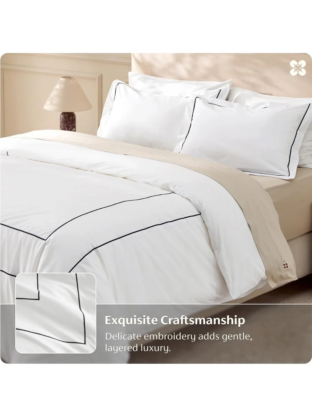 NEW Bedsure Hotel Collection 3 pc Duvet Cover Set, 100% Cotton. White with Frame